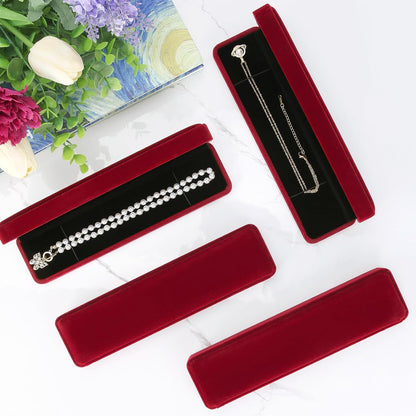 LETURE 4 Pieces Velvet Bracelet Necklace Pendant Jewelry Box, Small Long Jewelry Watch Gift Box for Proposal, Wedding, Engagement, Christmas (RED-4PCS)
