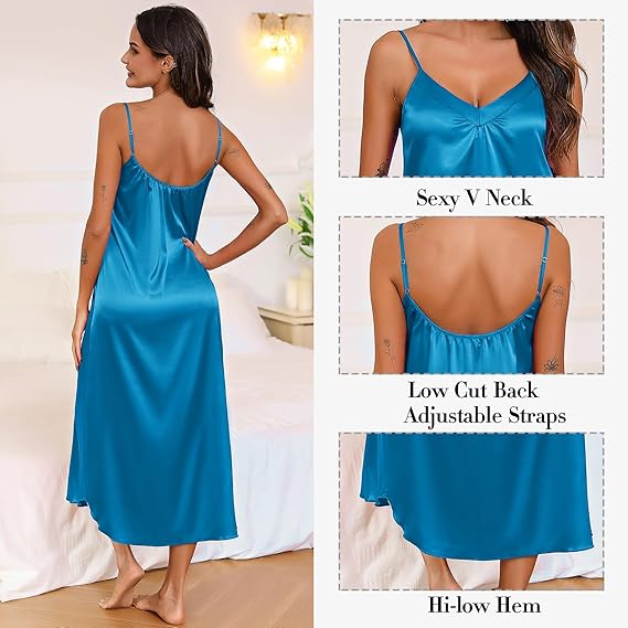 Women Long Satin Nightgown Silk Slip Dress Sexy V Neck Sleepwear Loose Sleeveless Nightshirt Size S