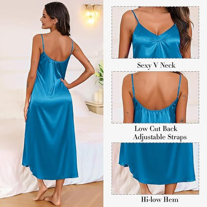 Women Long Satin Nightgown Silk Slip Dress Sexy V Neck Sleepwear Loose Sleeveless Nightshirt Size S
