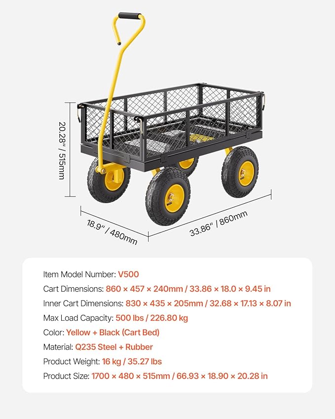 VEVOR Steel Garden Cart, Heavy Duty 500 lbs Capacity, with Removable Mesh Sides to Convert into Flatbed, Utility Metal Wagon with 180° Rotating Handle and 10 in Tires, Perfect for Garden, Farm, Yard