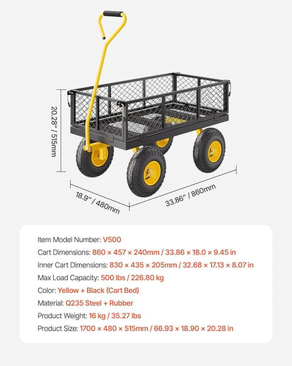 VEVOR Steel Garden Cart, Heavy Duty 500 lbs Capacity, with Removable Mesh Sides to Convert into Flatbed, Utility Metal Wagon with 180° Rotating Handle and 10 in Tires, Perfect for Garden, Farm, Yard