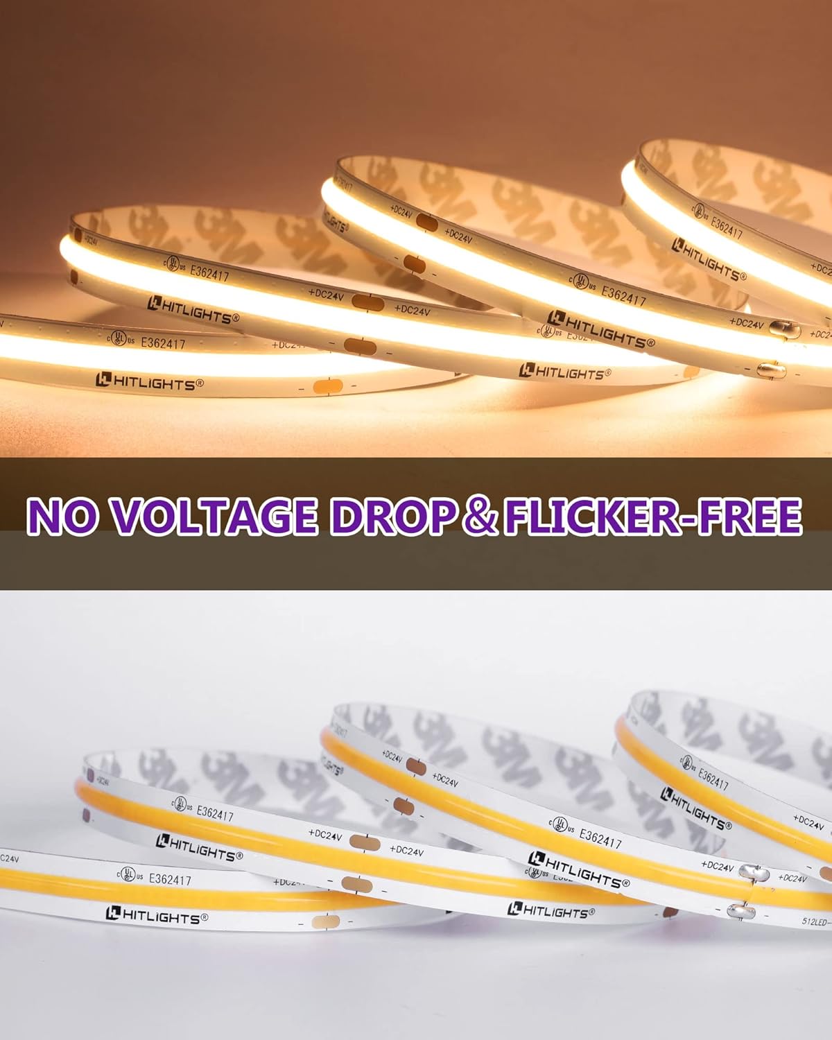 HitLights COB LED Strip Lights Warm White 3000K, 16.4ft Premium High Density 24V Tape Light, 2560 LEDs, 350+ LM/FT, CRI 90+, IP30, Lighting for Kitchen, Cabinets, UL Listed (Power Source Not Included)