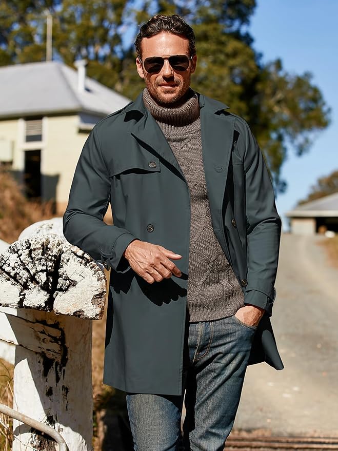 Pretifeel Mens Trench Coat Slim Fit Double Breasted Long Jacket Notched Lapel Belt Fall Windproof Coat Size Unavailable