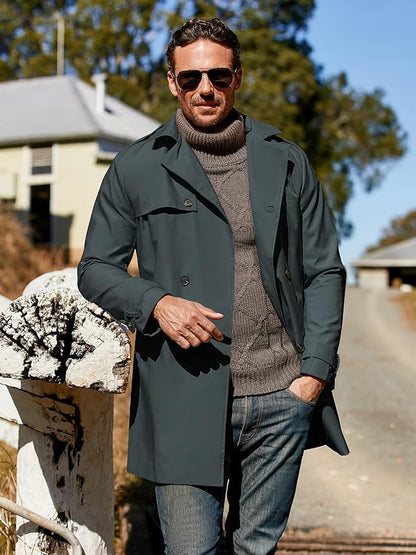 Pretifeel Mens Trench Coat Slim Fit Double Breasted Long Jacket Notched Lapel Belt Fall Windproof Coat Size Unavailable