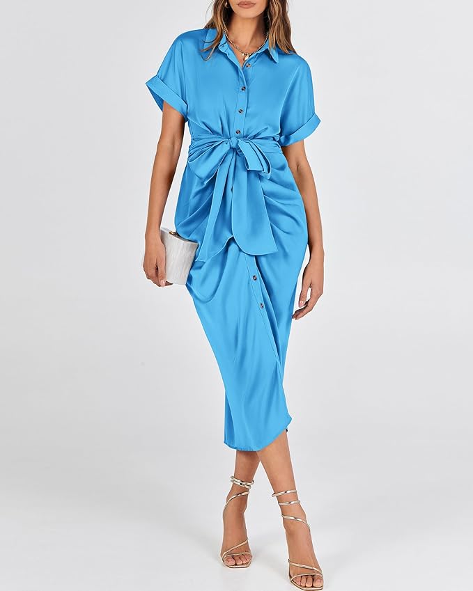 BTFBM 2025 Women Button Down Ruched Shirt Dresses Short Sleeve Lapel V Neck Elegant Party Spring Summer Maxi Satin Dress Size S