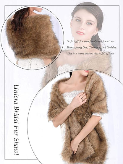Aukmla womens Long Wedding Faux Fur Wraps Shawls Bridal Stole Brides Bridesmaids, Brown, Free size