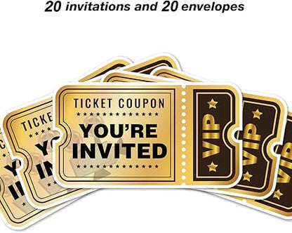 Movie VIP Party Invitations with Envelopes, 20 Set Movie Ticket Shaped Invitations Birthday Baby Shower Party Invites Supplies Favors, Double-Sided