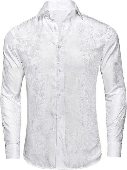 Hi-Tie Mens Dress Shirts Wrinkle Free Inner Contrast Jacquard Long Sleeve Casual Button Down Shirt Business Party Wedding