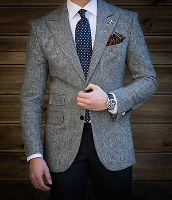 Wangyue Men's Slim Fit Herringbone Tweed Blazer Jacket Casual Sport Coat Bussiness Groomsmen Prom Autumn Jackets Size L