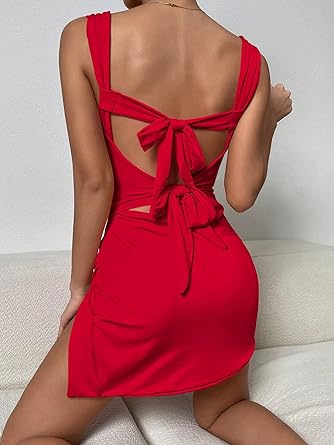 Women's Mini Short Dress Solid Tie Backless Slit Thigh Mini Dress Sleeveless Sexy  Size S