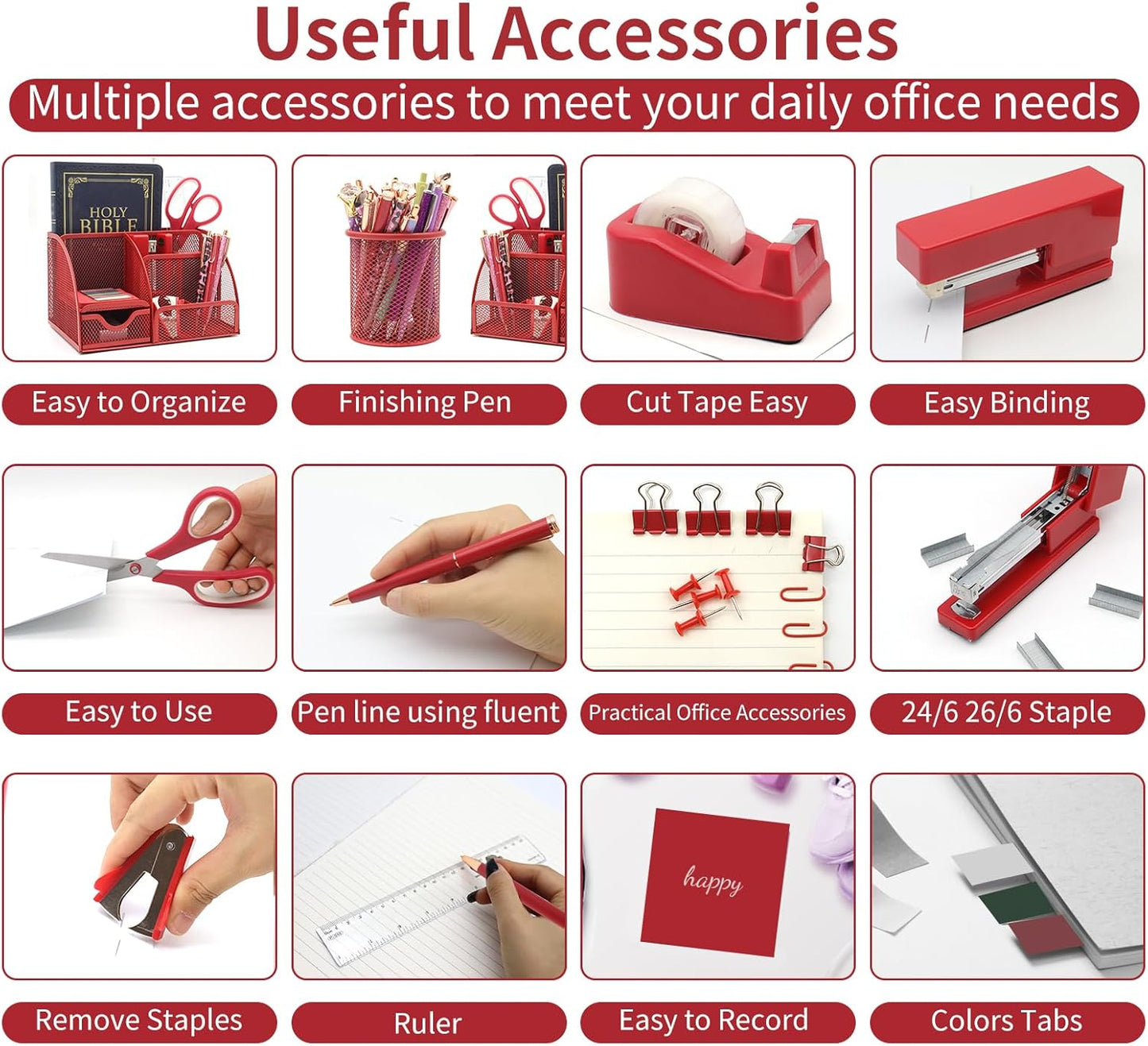12 in 1 Red Desk Organizers and Accessories, Office Supplies Set Gifts for Coworkers, Office Supplies Include Stapler Pen Holder Tape Holder Staples Scissors Ruler Staple Remover for Home School