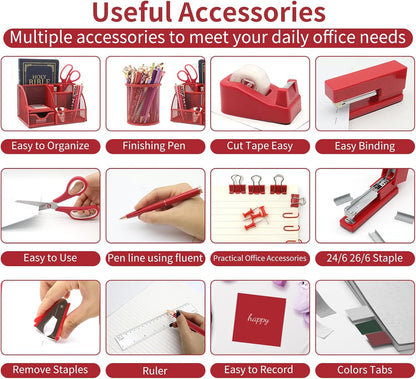 12 in 1 Red Desk Organizers and Accessories, Office Supplies Set Gifts for Coworkers, Office Supplies Include Stapler Pen Holder Tape Holder Staples Scissors Ruler Staple Remover for Home School