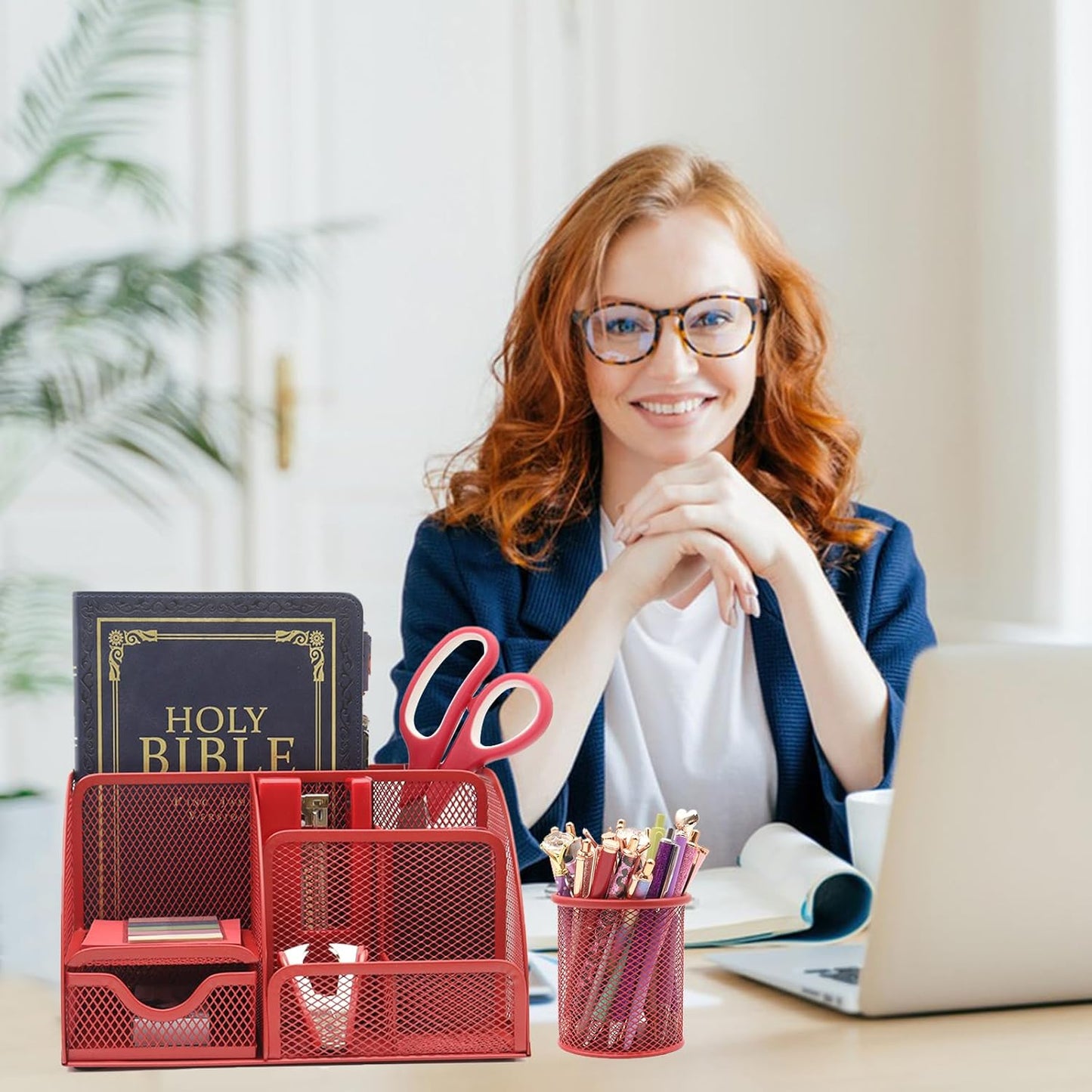 12 in 1 Red Desk Organizers and Accessories, Office Supplies Set Gifts for Coworkers, Office Supplies Include Stapler Pen Holder Tape Holder Staples Scissors Ruler Staple Remover for Home School