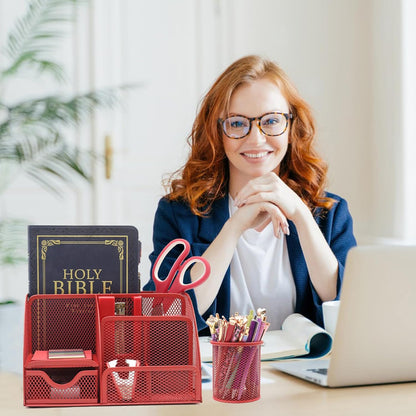 12 in 1 Red Desk Organizers and Accessories, Office Supplies Set Gifts for Coworkers, Office Supplies Include Stapler Pen Holder Tape Holder Staples Scissors Ruler Staple Remover for Home School