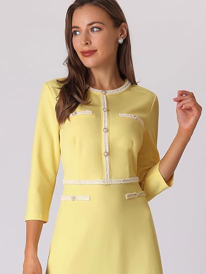 Hobemty Women's A-Line Dress Office 3/4 Sleeve Tweed Trim Elegant Dresses Size M