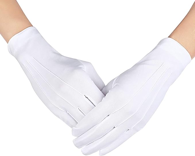 Shappy 2 Pairs White Cotton Glove Men Parade Formal Tuxedo Uniform Glove for Cosplay Party Jewelry Inspection (nylon 10 Inch)