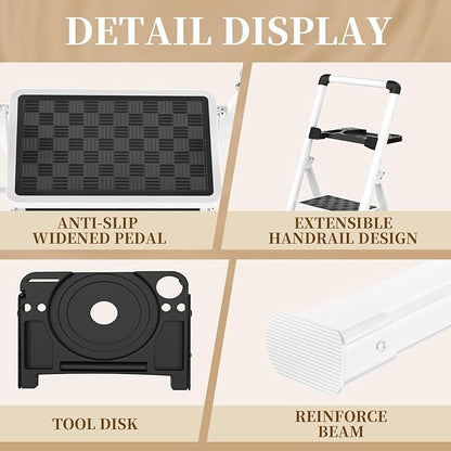 HBTower Step Ladder, Step Ladder Folding Step Stool, Portable Sturdy Steel Ladder Stool for Adults with Wide Pedals Home Outdoor Kitchen, White