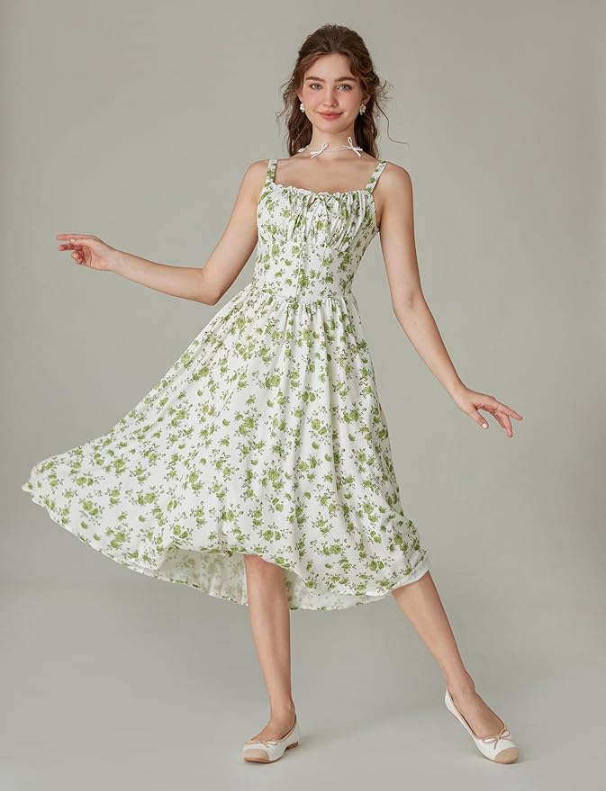 Women Floral Print Bohemian Dress Square Collar High Waist Zipper A-Line Midi Dresses, size S