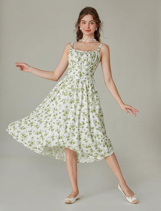 Women Floral Print Bohemian Dress Square Collar High Waist Zipper A-Line Midi Dresses, size S