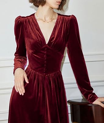 Women's Puff Sleeve Velvet Dress Long Lantern Sleeve V Neck Button Ruffle Pleated Single Breasted Maxi Party Dress  Size M