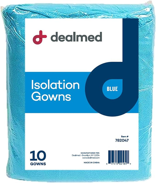 Dealmed Blue Isolation Gown – Disposable Medical Gowns, Latex-Free, Perfect for Hospitals, Medical Facilities, and Physicians’ Offices (Pack of 10)