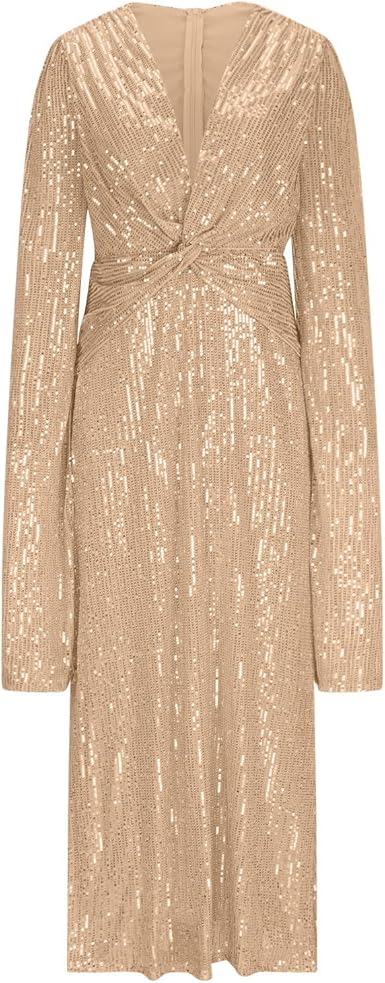 Long Sleeve Sequin Dress for Women V Neck Ruched Wrap Formal Evening Gowns Slim Party Cocktail Sparkly Maxi Dresses  Size No