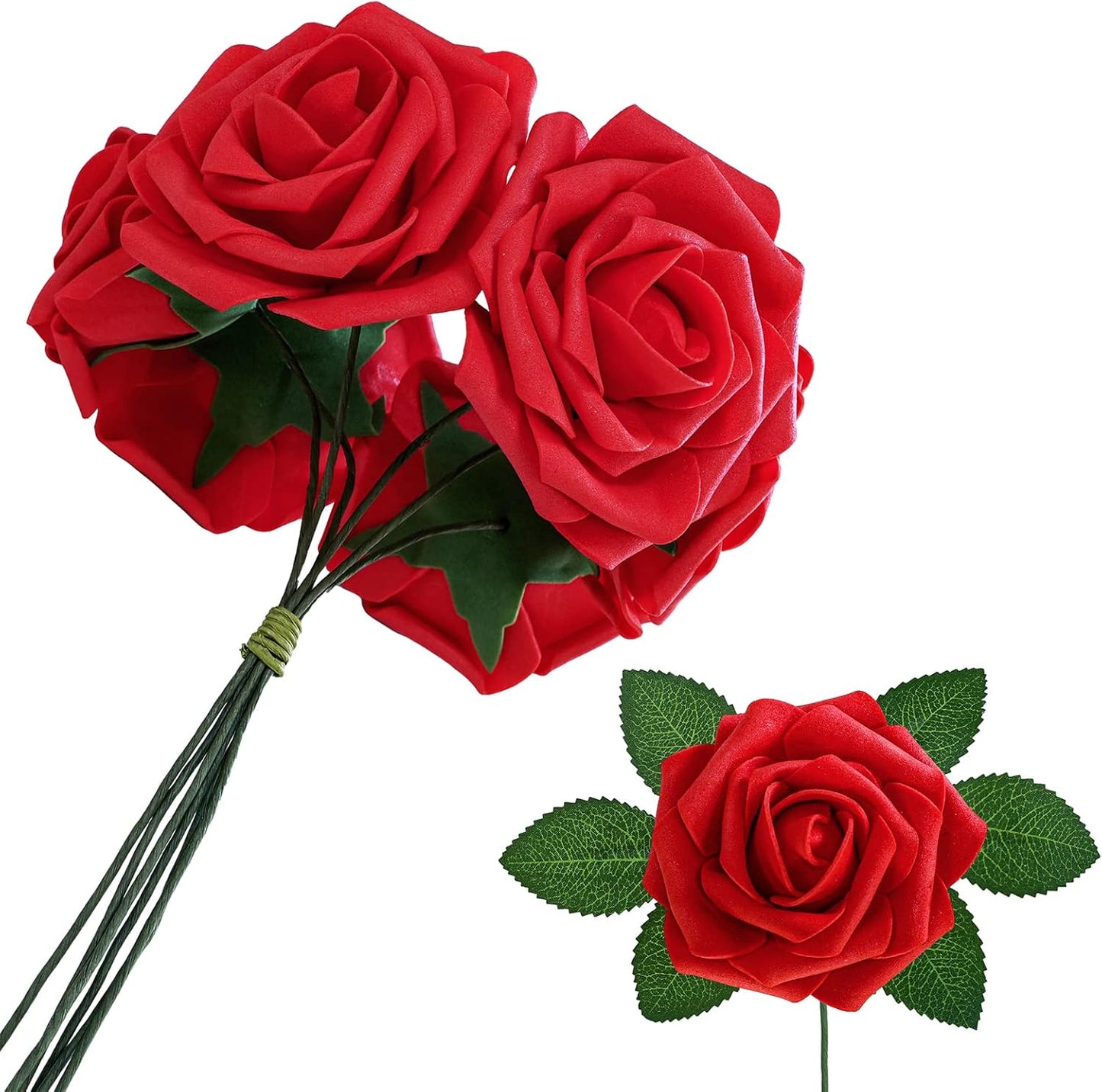 Winlyn 50 pcs Real Touch Red Roses with Stems & Silk Leaves - Bulk Artificial Flowers for Weddings Centerpieces Floral Arrangement Party Decorations Baby Showers Birthday Anniversaries DIY Crafts