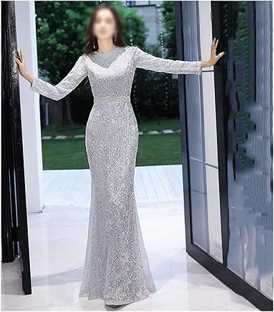 LEIGE Long Sleeve Evening Dreses o-Neck Formal Gowns Sequin Long Sleeved Ladies Annual Meeting (Color : Silver) Size S