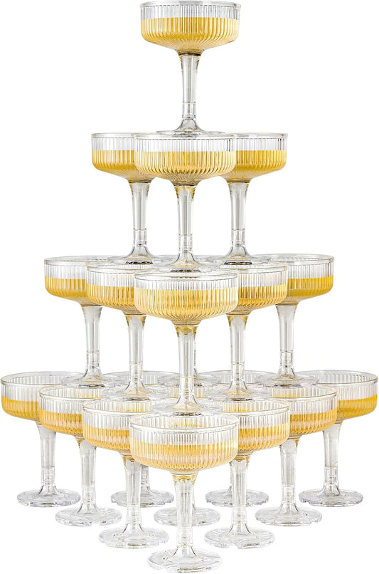 20 Pack Plastic Champagne Tower, 7oz Champagne Coupe Unbreakable Plastic Cocktail Glasses Acrylic Martini Glasses for Wedding Birthday Party Bar, Clear