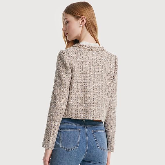 GOELIA Tweed Cropped Blazer Jacket for Women Open Front Long Sleeve Slim Fit Business Casual Blazer Size M
