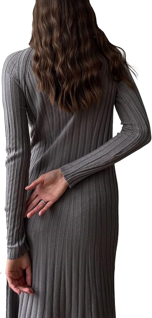 SOMTHRON Women's Turtleneck Jumper Dress, Elegant, High Closed, Long Sleeve, Ribbed, Knitted, Stretchy, Plain Bodycon Maxi Dress  Size M