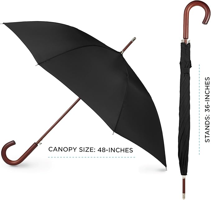 Totes Eco Auto Open Umbrella Classic Wooden J Stick Handle with Easy Grip - Windproof, Rainproof and Durable Canopy Design – Versatile Travel, Perfect for Rainy Days