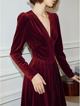 Women's Puff Sleeve Velvet Dress Long Lantern Sleeve V Neck Button Ruffle Pleated Single Breasted Maxi Party Dress  Size M