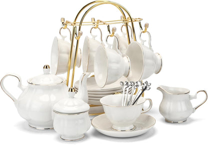 CHENP.HMC Tea Set 22-Piece Porcelain Ceramic Coffee Tea Gift Sets Cups Saucer Service for 6 Teapot Sugar Bowl Creamer Pitcher and Teaspoons (WHITE3)