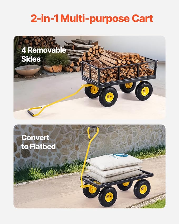 VEVOR Steel Garden Cart, Heavy Duty 500 lbs Capacity, with Removable Mesh Sides to Convert into Flatbed, Utility Metal Wagon with 180° Rotating Handle and 10 in Tires, Perfect for Garden, Farm, Yard