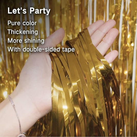 Gold Metallic Tinsel Foil Fringe Curtain, 3 Pcs 3.3ft x6.6ft Photo Booth Backdrop Streamer Curtains&Photo Booth Props, Party Decorations for Bachelorette Graduation Wedding Birthday (Gold)