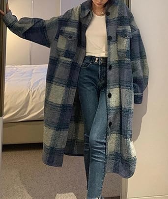 FYEARFOX Women's Oversized Plaid Shacket Wool Blend Button Down Long Sleeve Long Shirt Jacket Coat with Pockets  Size M
