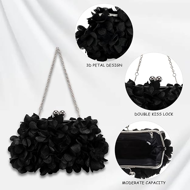 Women Elegant Evening Purse, Small Floral Clutch Bag with Detachable Chain for Wedding, Party, Prom