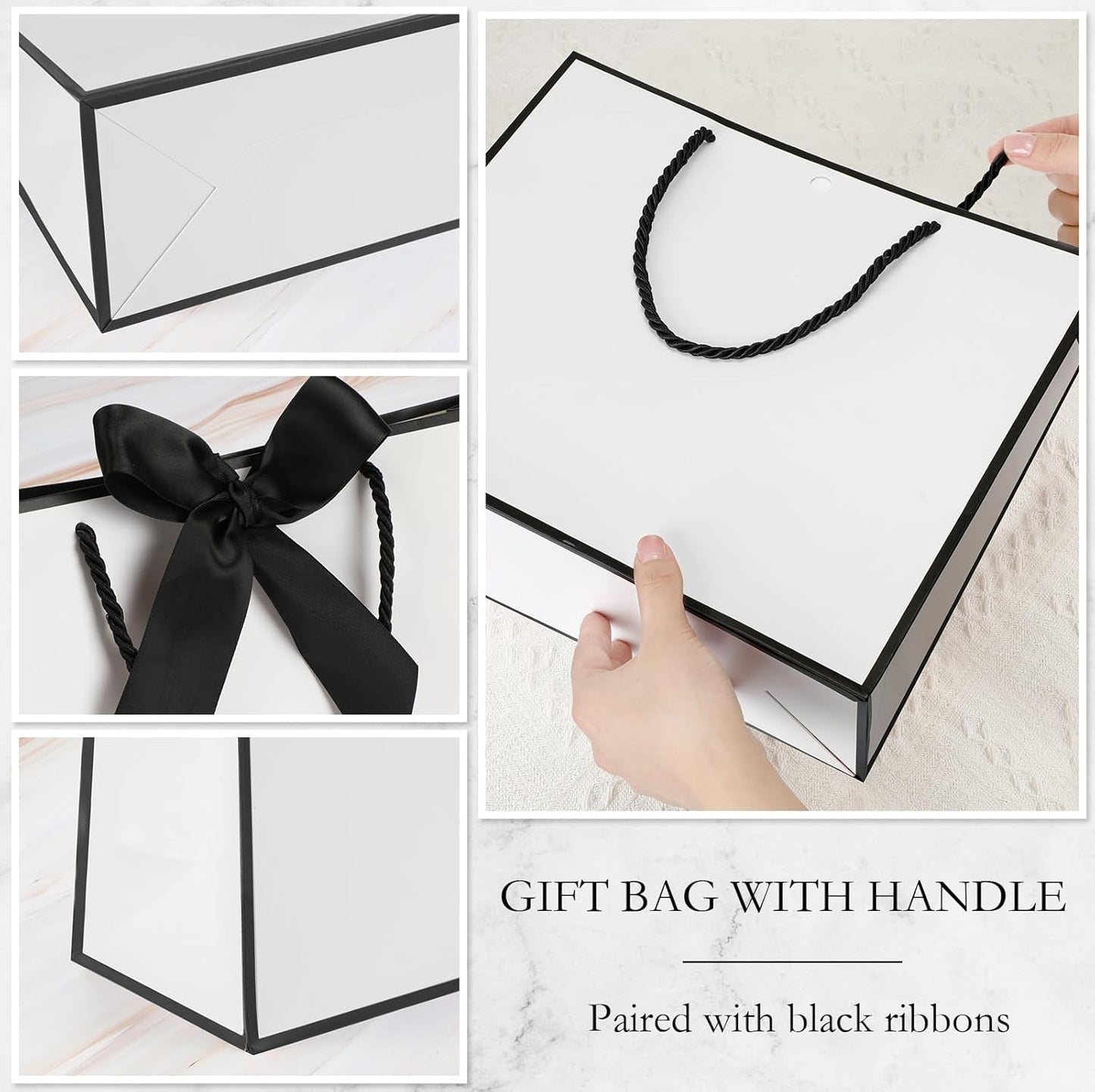 Silkfly 12 Pcs Thank You Gift Bags with Handle 12x10x4'' Welcome Bags Return Gifts with Bow Ribbon for Wedding Bridesmaid Baby Shower Housewarming Birthday Summer Christmas Vacation(White, Black)