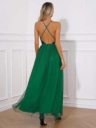 Hularka Women's Sleeveless High Split Elegant Sexy Cocktail Party Maxi Dress Shiny Sequins Deep V Neck Evening Dress Size XS