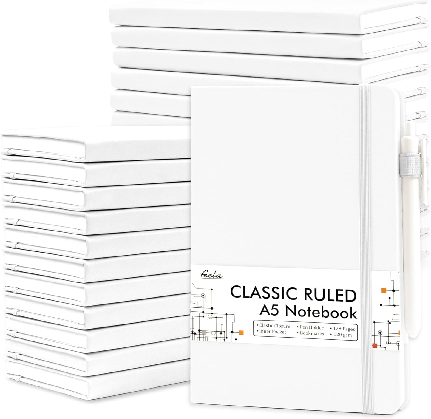 feela College Ruled Notebooks, 5Pack Business Notebook Hardcover Lined Writing Journal with Pen Holder for Men Women Note Taking, with 24 Black Pens, 120 GSM, 5.1”x8.3”, A5, White