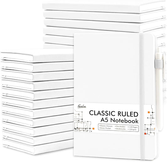 feela College Ruled Notebooks, 5Pack Business Notebook Hardcover Lined Writing Journal with Pen Holder for Men Women Note Taking, with 24 Black Pens, 120 GSM, 5.1”x8.3”, A5, White