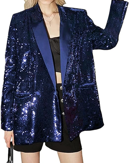 Meleg ölelés Blazers  Vintage Sparkly Sequins Blazer Open Front Glitter Jacket Casual Double Breasted Outfit Size M