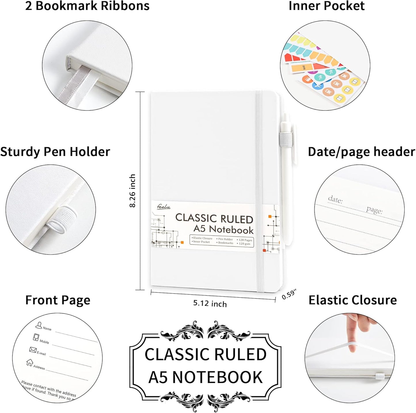 feela College Ruled Notebooks, 5Pack Business Notebook Hardcover Lined Writing Journal with Pen Holder for Men Women Note Taking, with 24 Black Pens, 120 GSM, 5.1”x8.3”, A5, White