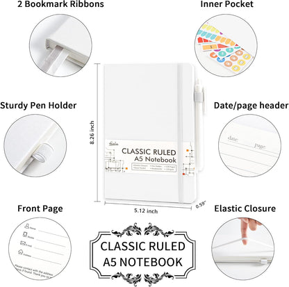 feela College Ruled Notebooks, 5Pack Business Notebook Hardcover Lined Writing Journal with Pen Holder for Men Women Note Taking, with 24 Black Pens, 120 GSM, 5.1”x8.3”, A5, White