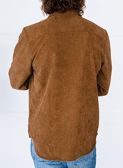 JMIERR Men's Corduroy Button-Down Shirts Casual Long Sleeve Fall Shacket Jacket with Flap Pocket for Men,CA 43(L),0 BrownSize M