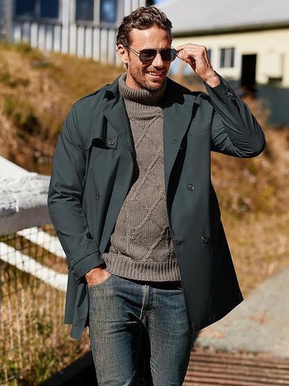 Pretifeel Mens Trench Coat Slim Fit Double Breasted Long Jacket Notched Lapel Belt Fall Windproof Coat Size Unavailable