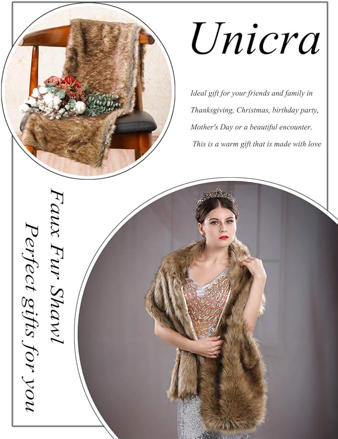 Aukmla womens Long Wedding Faux Fur Wraps Shawls Bridal Stole Brides Bridesmaids, Brown, Free size