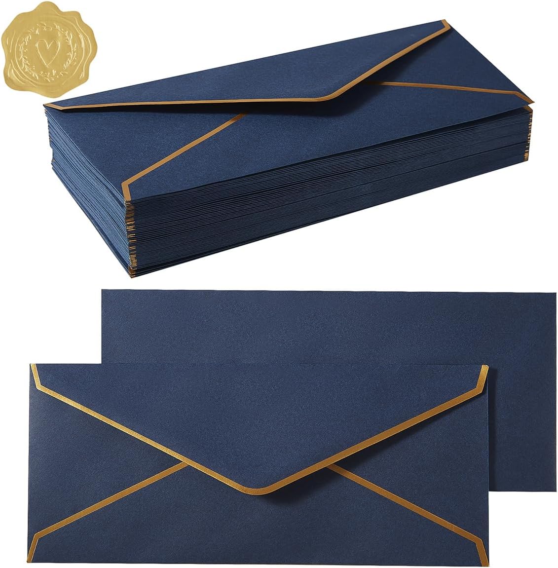 50 Pack #10 Business Envelopes with Gold Border, Self Seal Standard Envelopes with Gold Stickers for Office, Checks, Letter Mailing, Invoices, 4 1/8 x 9 1/2 Inches (Navy Blue)