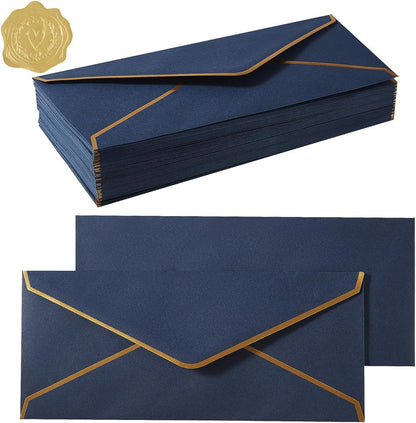 50 Pack #10 Business Envelopes with Gold Border, Self Seal Standard Envelopes with Gold Stickers for Office, Checks, Letter Mailing, Invoices, 4 1/8 x 9 1/2 Inches (Navy Blue)
